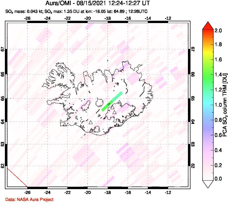 A sulfur dioxide image over Iceland on Aug 15, 2021.