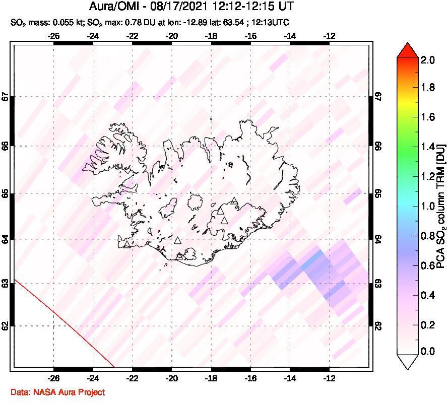 A sulfur dioxide image over Iceland on Aug 17, 2021.