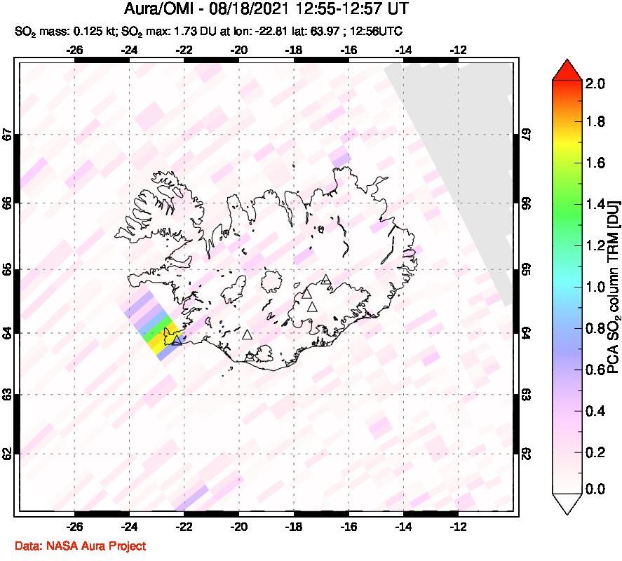 A sulfur dioxide image over Iceland on Aug 18, 2021.