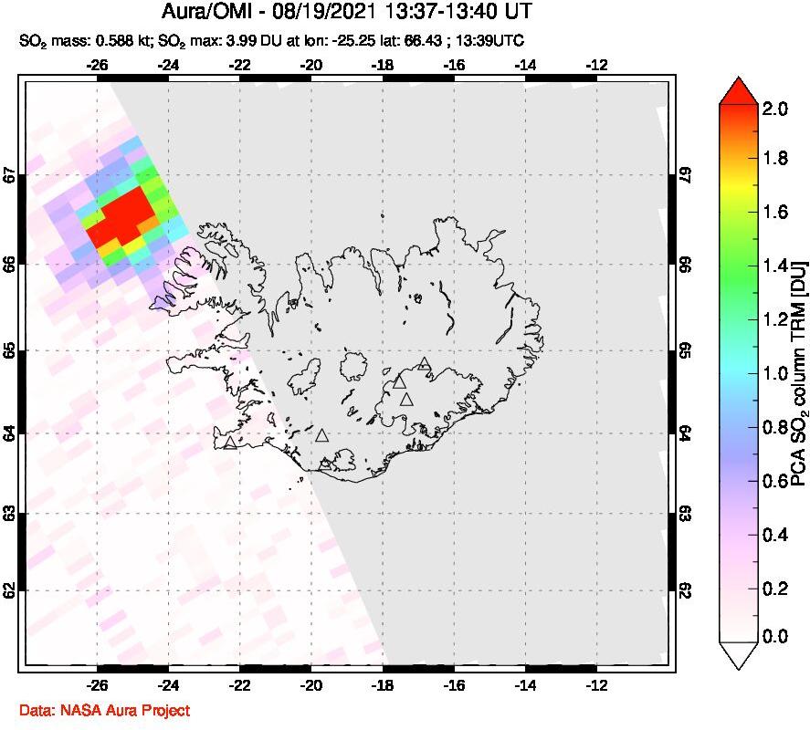A sulfur dioxide image over Iceland on Aug 19, 2021.