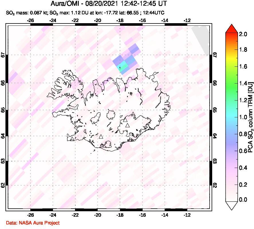 A sulfur dioxide image over Iceland on Aug 20, 2021.