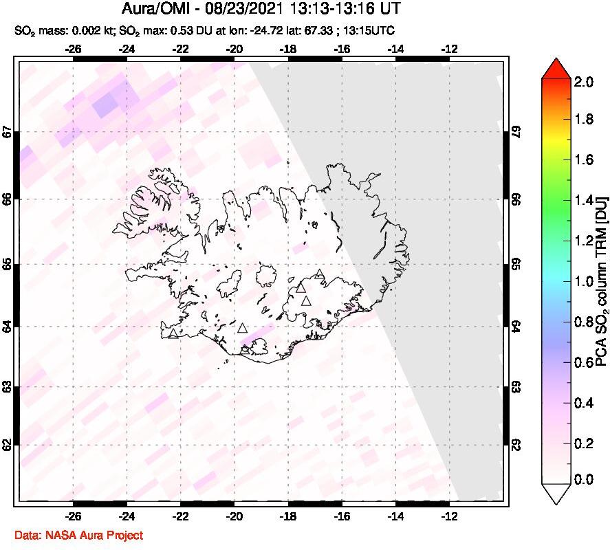 A sulfur dioxide image over Iceland on Aug 23, 2021.
