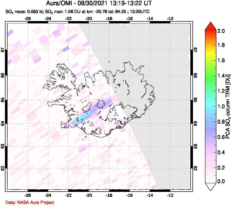 A sulfur dioxide image over Iceland on Aug 30, 2021.
