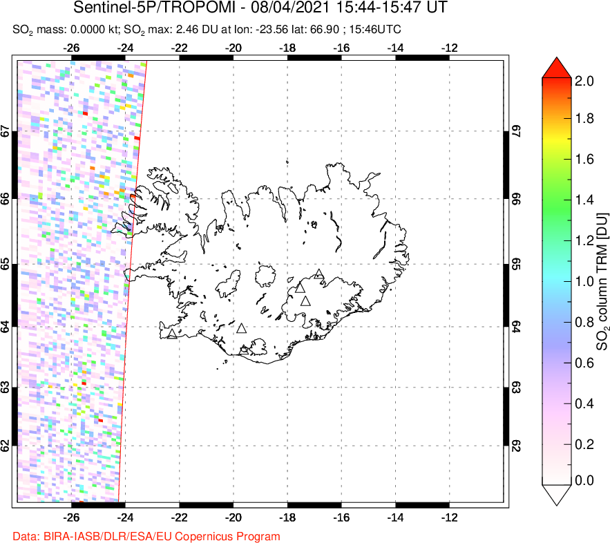 A sulfur dioxide image over Iceland on Aug 04, 2021.