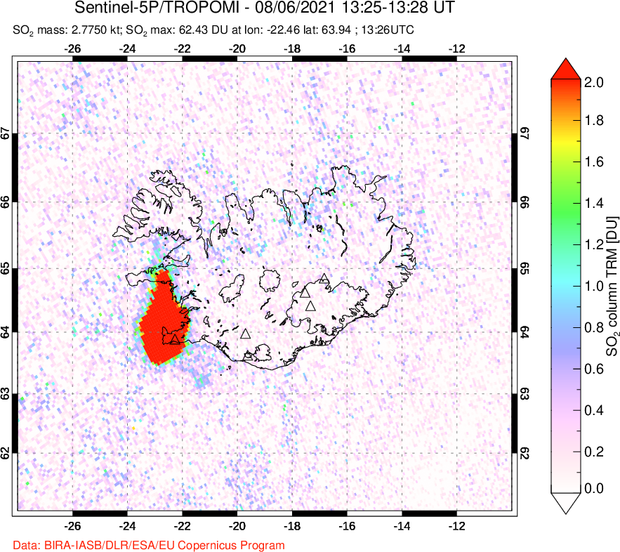 A sulfur dioxide image over Iceland on Aug 06, 2021.