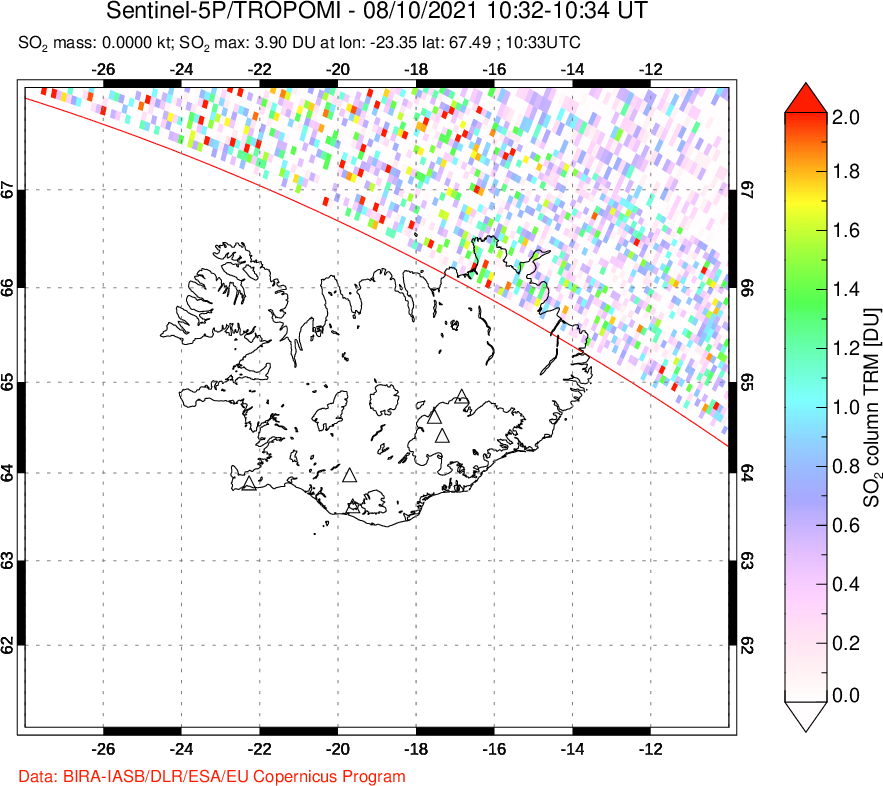 A sulfur dioxide image over Iceland on Aug 10, 2021.