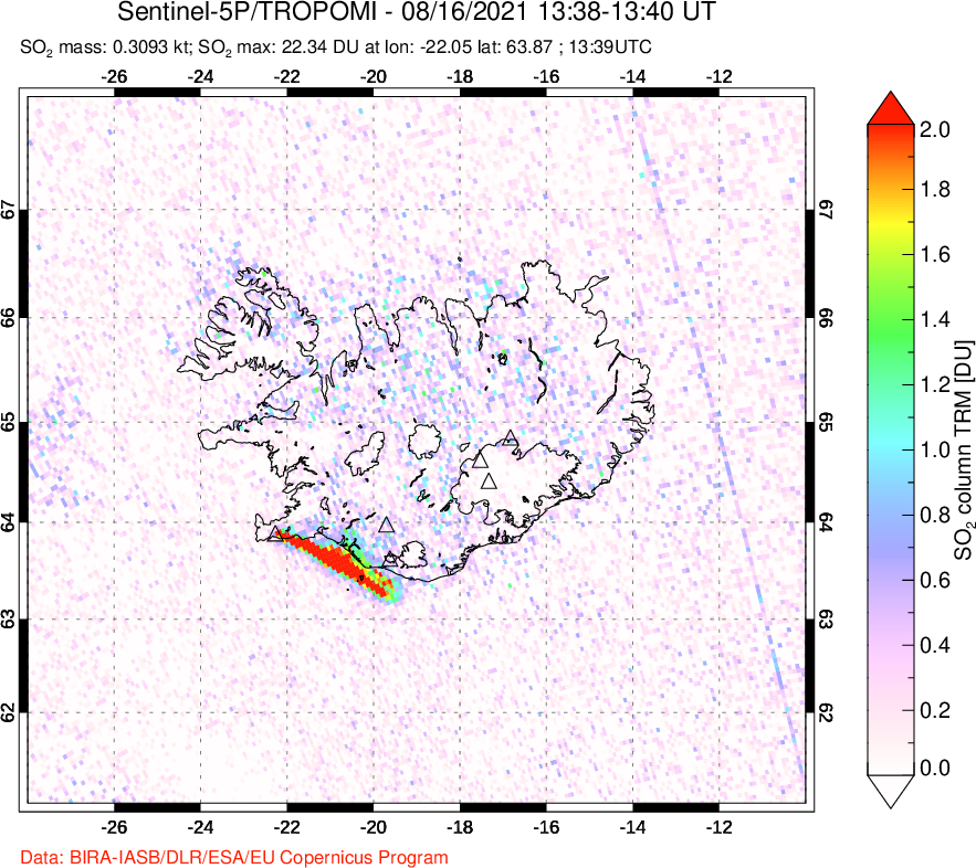 A sulfur dioxide image over Iceland on Aug 16, 2021.