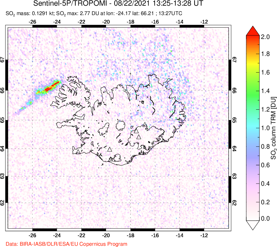 A sulfur dioxide image over Iceland on Aug 22, 2021.