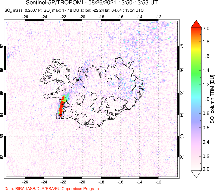 A sulfur dioxide image over Iceland on Aug 26, 2021.