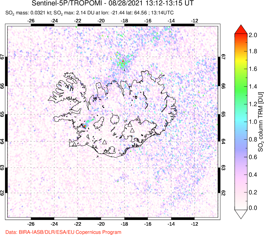A sulfur dioxide image over Iceland on Aug 28, 2021.