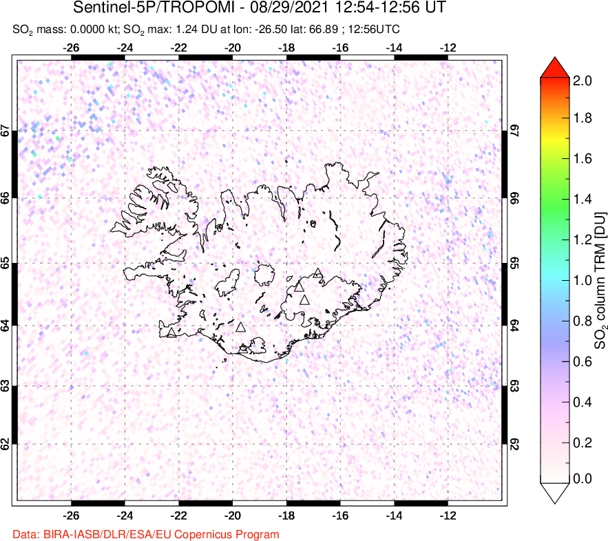 A sulfur dioxide image over Iceland on Aug 29, 2021.