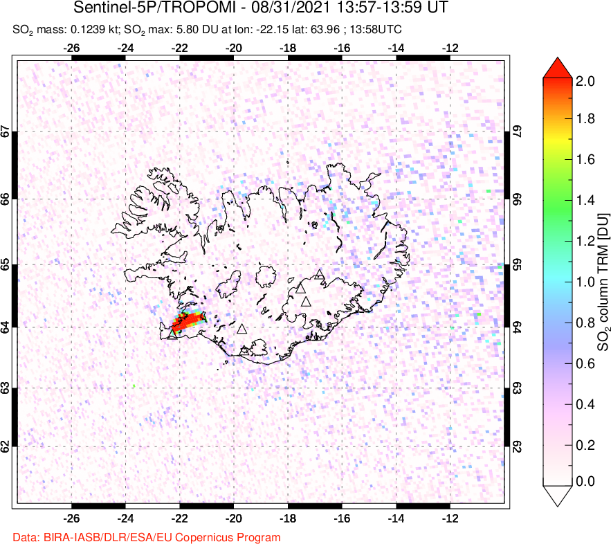 A sulfur dioxide image over Iceland on Aug 31, 2021.
