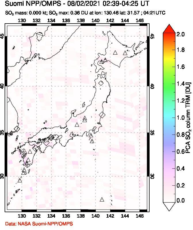 A sulfur dioxide image over Japan on Aug 02, 2021.