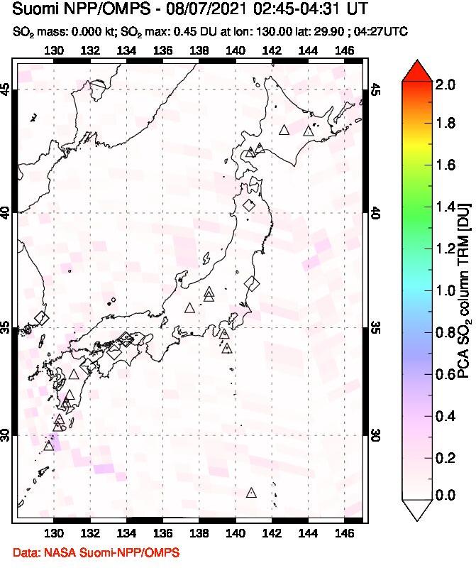 A sulfur dioxide image over Japan on Aug 07, 2021.
