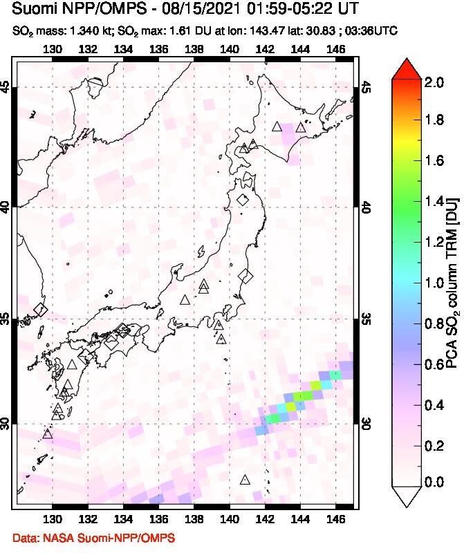 A sulfur dioxide image over Japan on Aug 15, 2021.