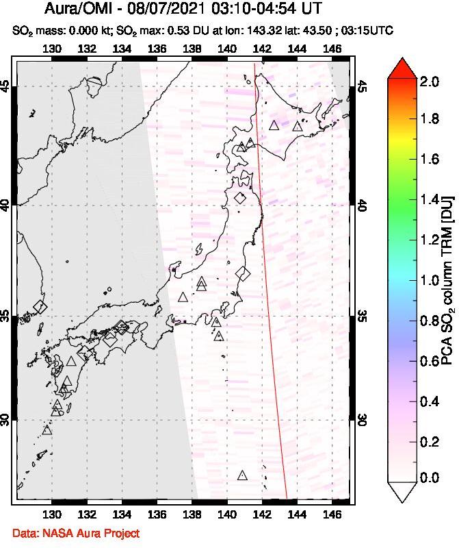 A sulfur dioxide image over Japan on Aug 07, 2021.