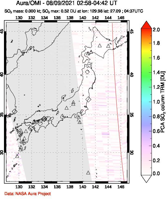 A sulfur dioxide image over Japan on Aug 09, 2021.