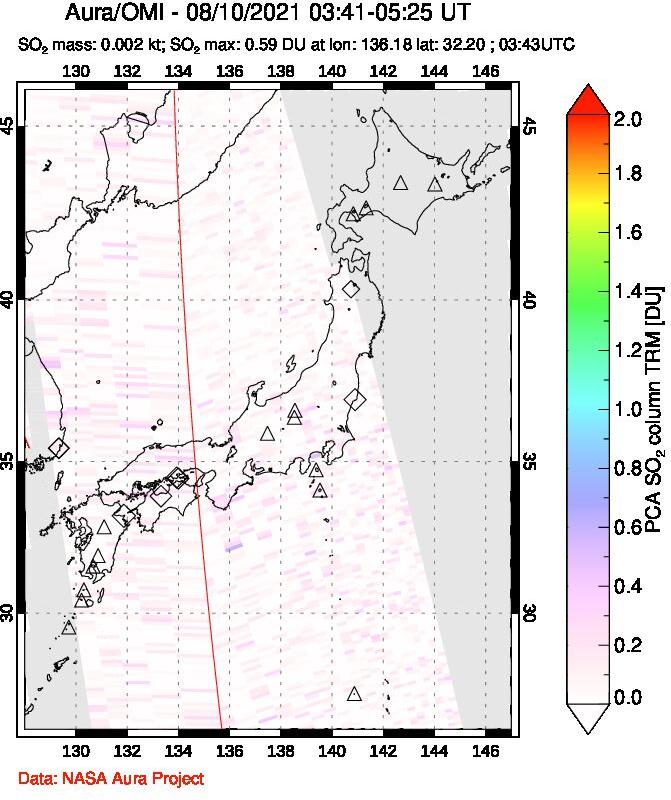 A sulfur dioxide image over Japan on Aug 10, 2021.