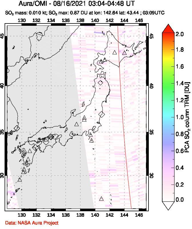 A sulfur dioxide image over Japan on Aug 16, 2021.