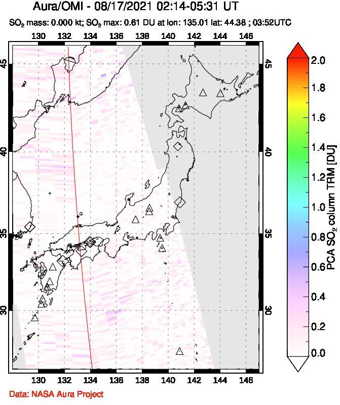 A sulfur dioxide image over Japan on Aug 17, 2021.