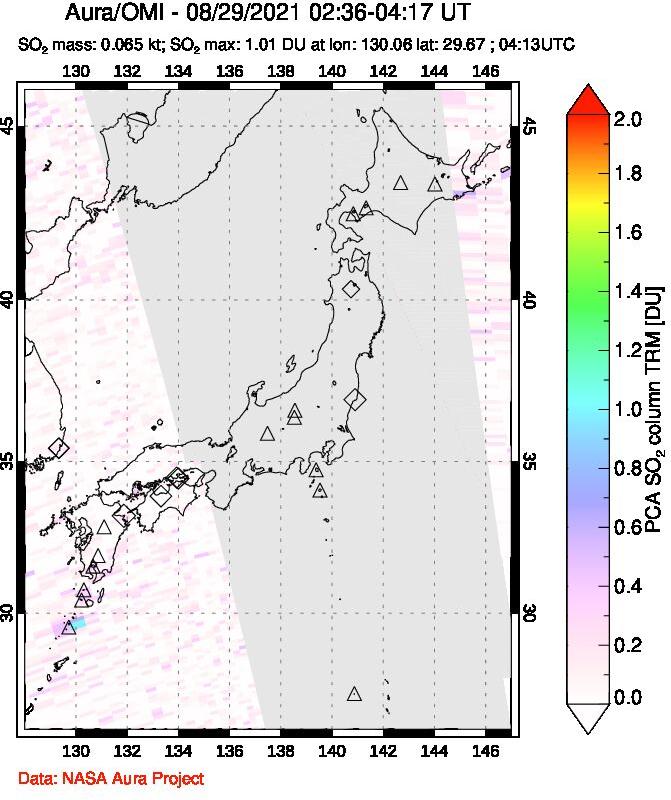 A sulfur dioxide image over Japan on Aug 29, 2021.