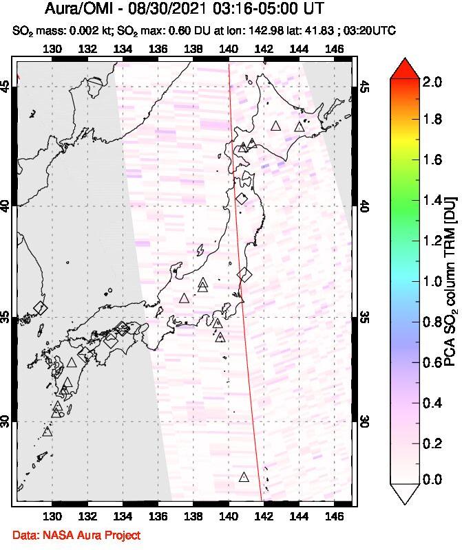 A sulfur dioxide image over Japan on Aug 30, 2021.