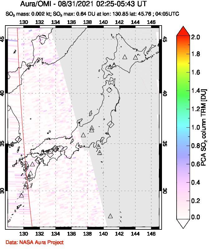 A sulfur dioxide image over Japan on Aug 31, 2021.