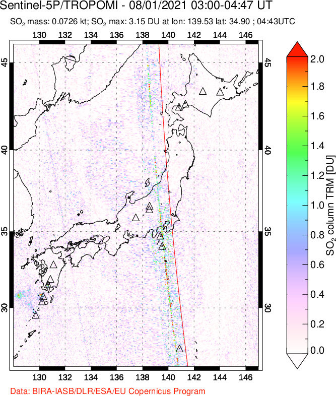 A sulfur dioxide image over Japan on Aug 01, 2021.