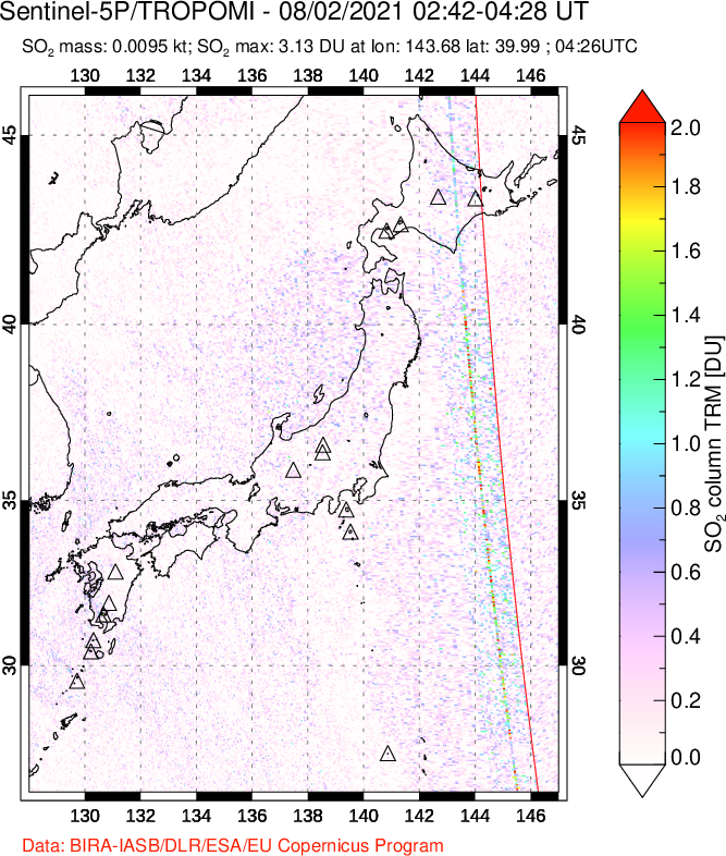 A sulfur dioxide image over Japan on Aug 02, 2021.