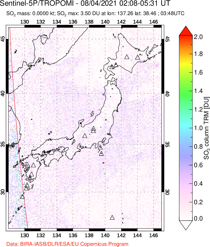 A sulfur dioxide image over Japan on Aug 04, 2021.