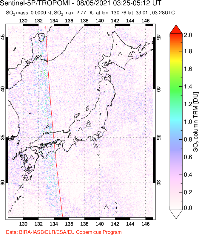 A sulfur dioxide image over Japan on Aug 05, 2021.