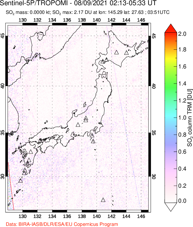 A sulfur dioxide image over Japan on Aug 09, 2021.