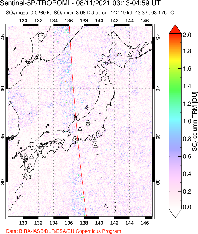 A sulfur dioxide image over Japan on Aug 11, 2021.
