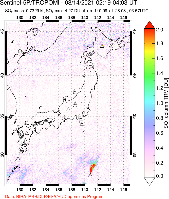 A sulfur dioxide image over Japan on Aug 14, 2021.