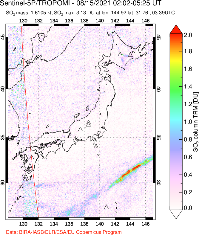 A sulfur dioxide image over Japan on Aug 15, 2021.
