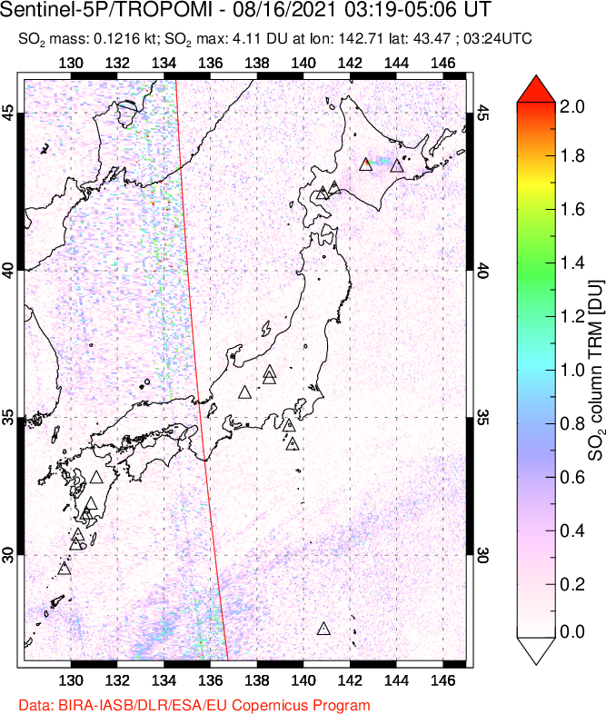 A sulfur dioxide image over Japan on Aug 16, 2021.