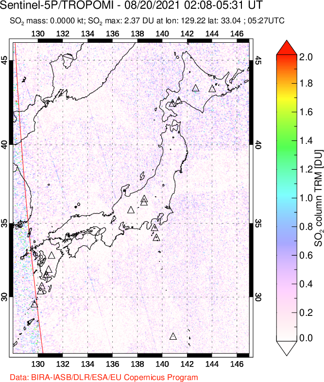 A sulfur dioxide image over Japan on Aug 20, 2021.