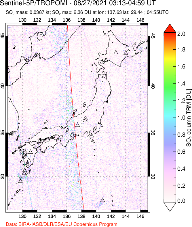 A sulfur dioxide image over Japan on Aug 27, 2021.