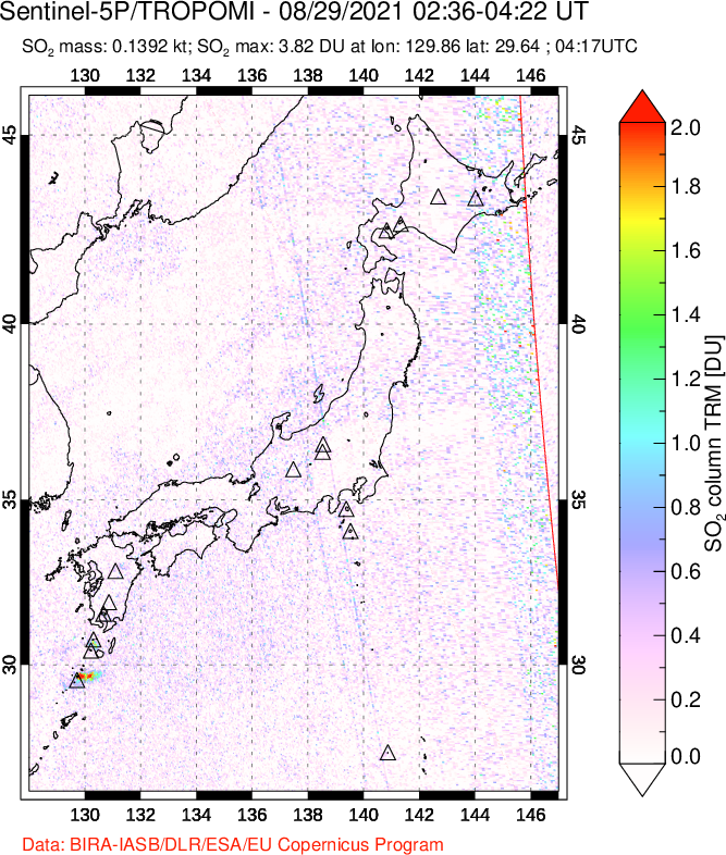 A sulfur dioxide image over Japan on Aug 29, 2021.