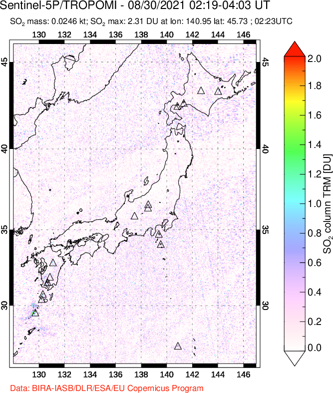 A sulfur dioxide image over Japan on Aug 30, 2021.