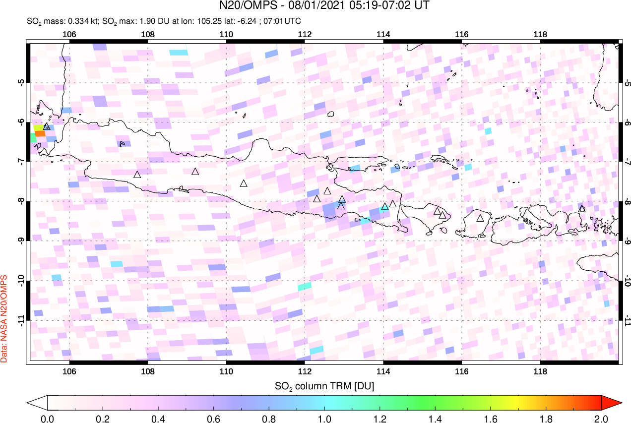 A sulfur dioxide image over Java, Indonesia on Aug 01, 2021.