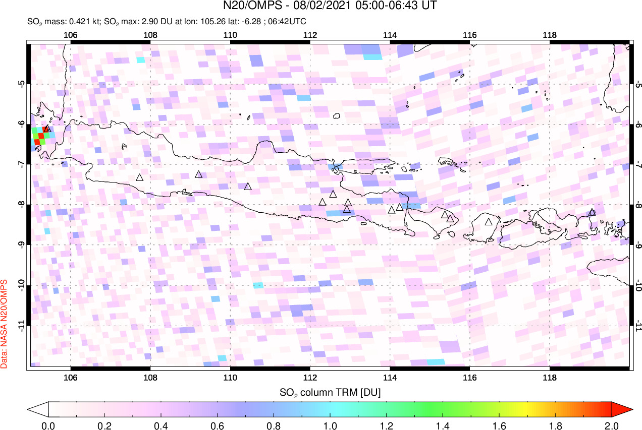 A sulfur dioxide image over Java, Indonesia on Aug 02, 2021.
