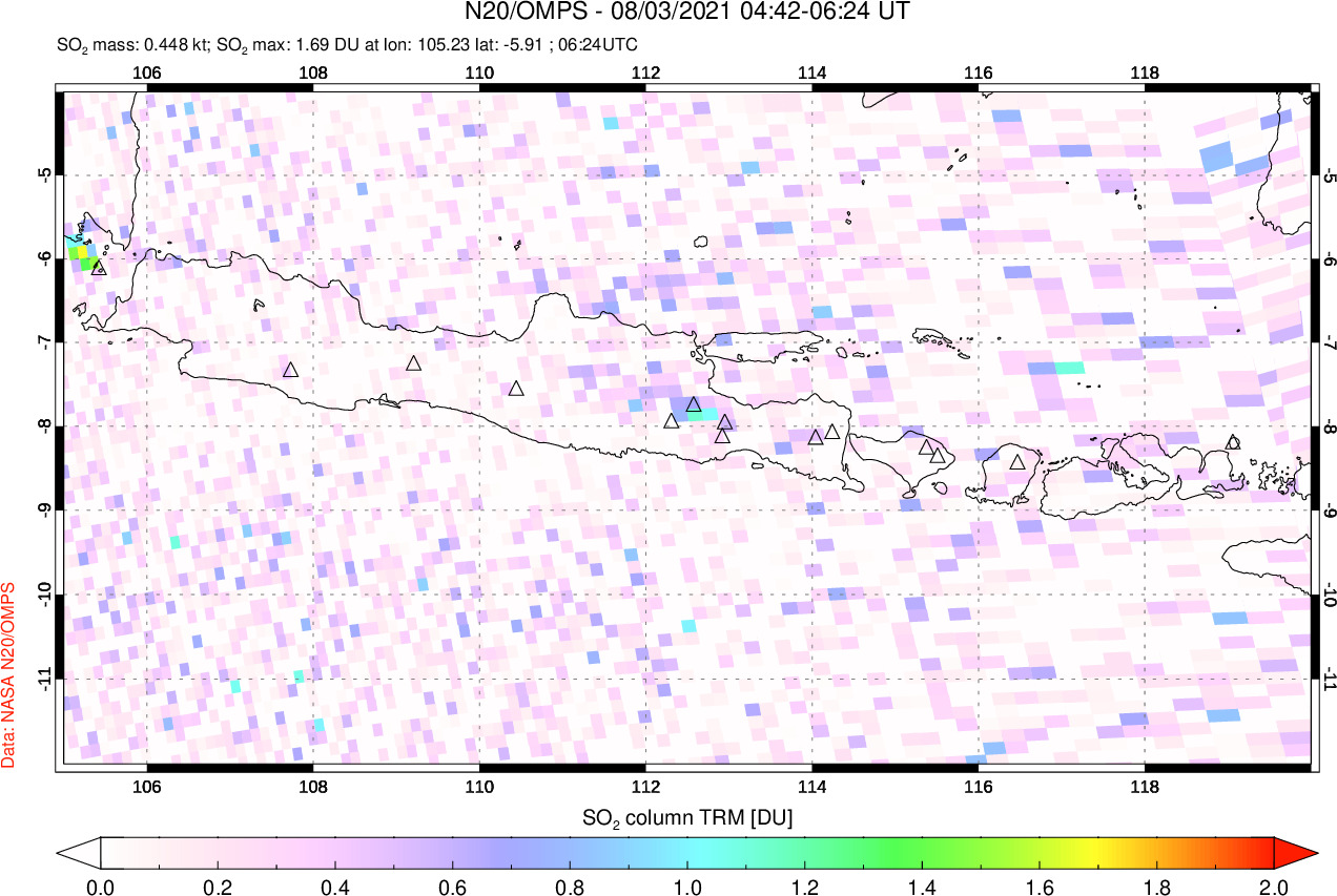 A sulfur dioxide image over Java, Indonesia on Aug 03, 2021.