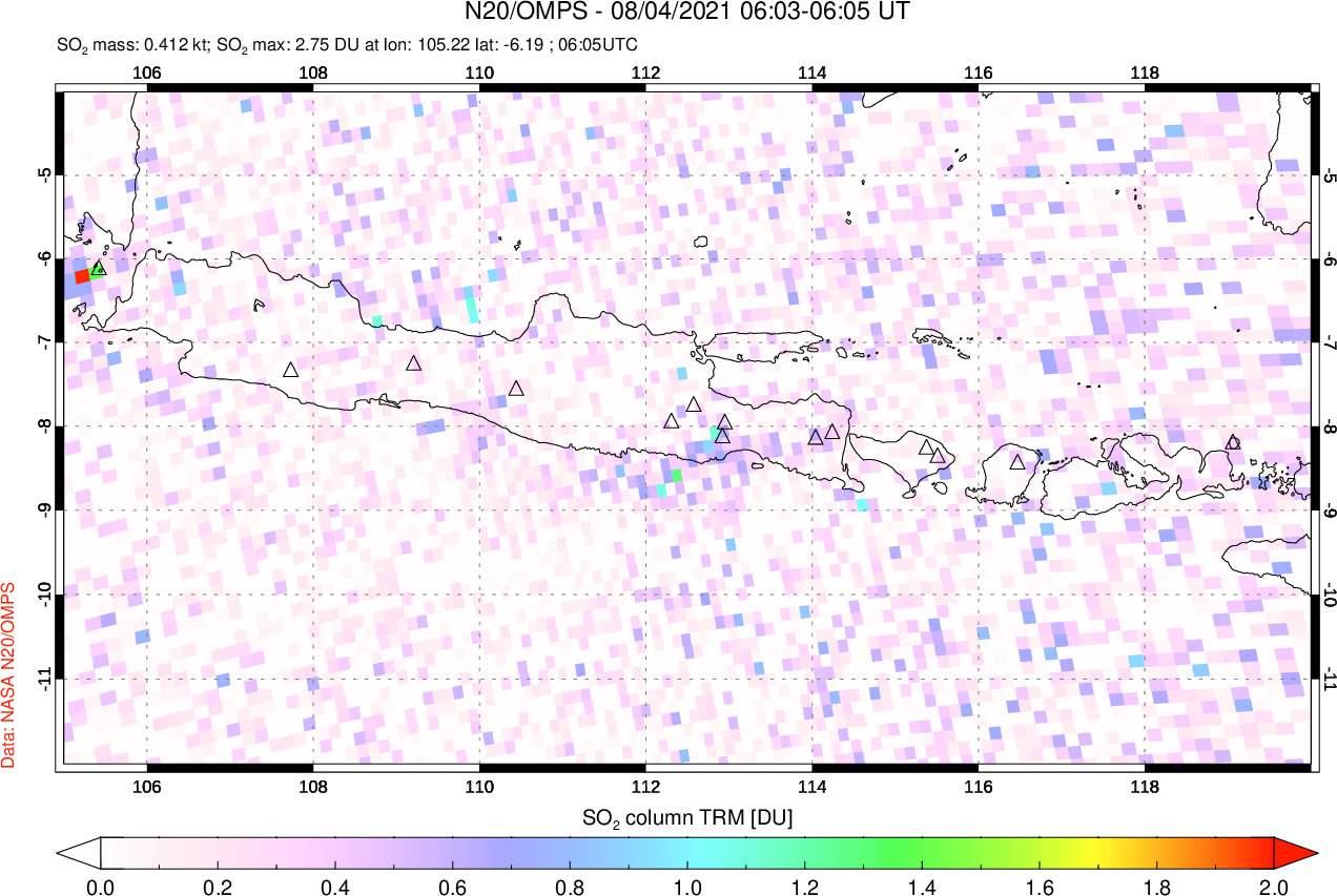 A sulfur dioxide image over Java, Indonesia on Aug 04, 2021.