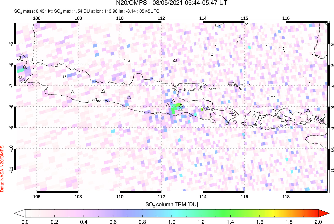 A sulfur dioxide image over Java, Indonesia on Aug 05, 2021.