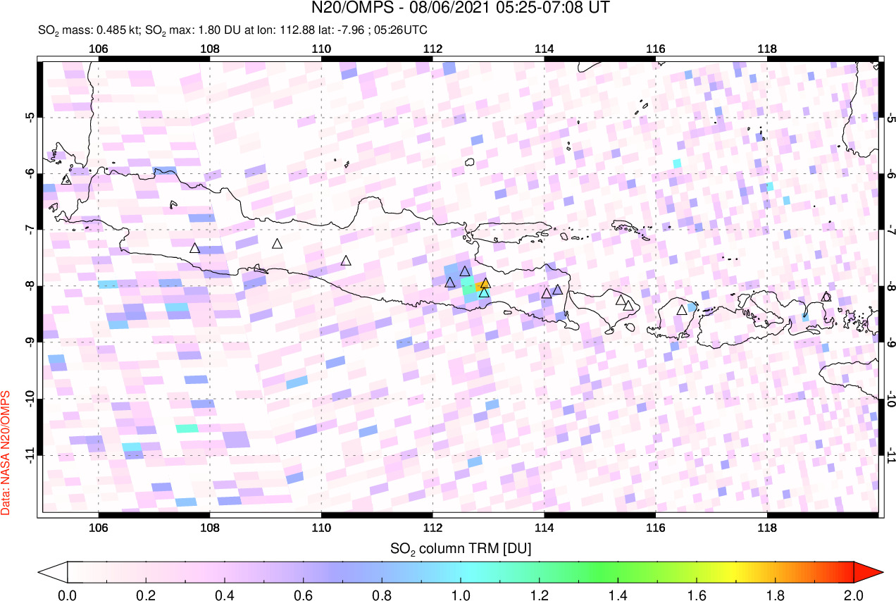 A sulfur dioxide image over Java, Indonesia on Aug 06, 2021.