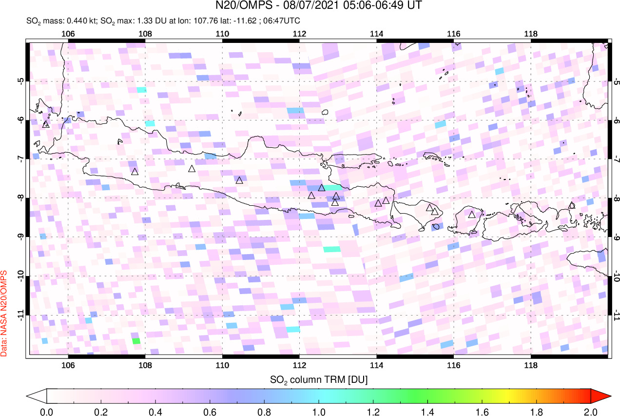 A sulfur dioxide image over Java, Indonesia on Aug 07, 2021.