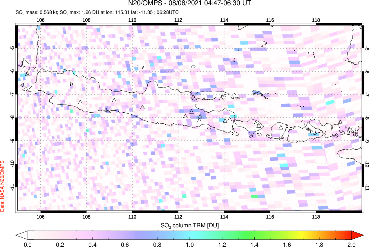 A sulfur dioxide image over Java, Indonesia on Aug 08, 2021.