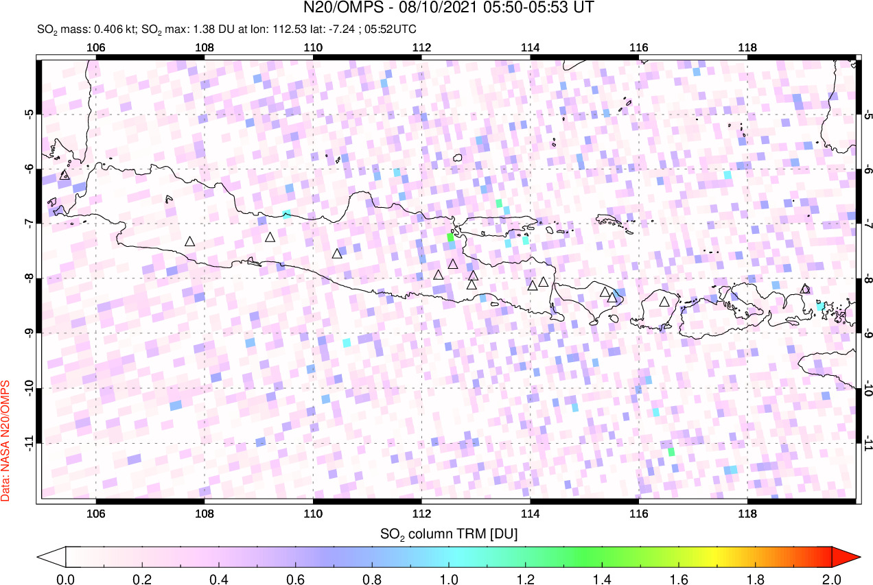 A sulfur dioxide image over Java, Indonesia on Aug 10, 2021.