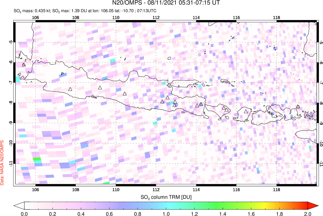 A sulfur dioxide image over Java, Indonesia on Aug 11, 2021.